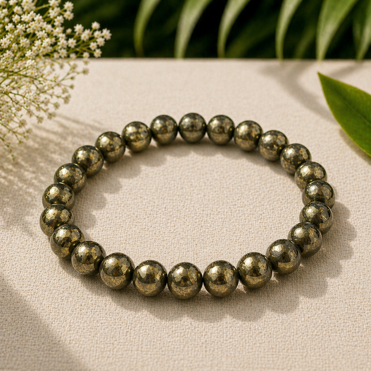 Pyrite bracelet on a light fabric surface with green leaves and white flowers in the background