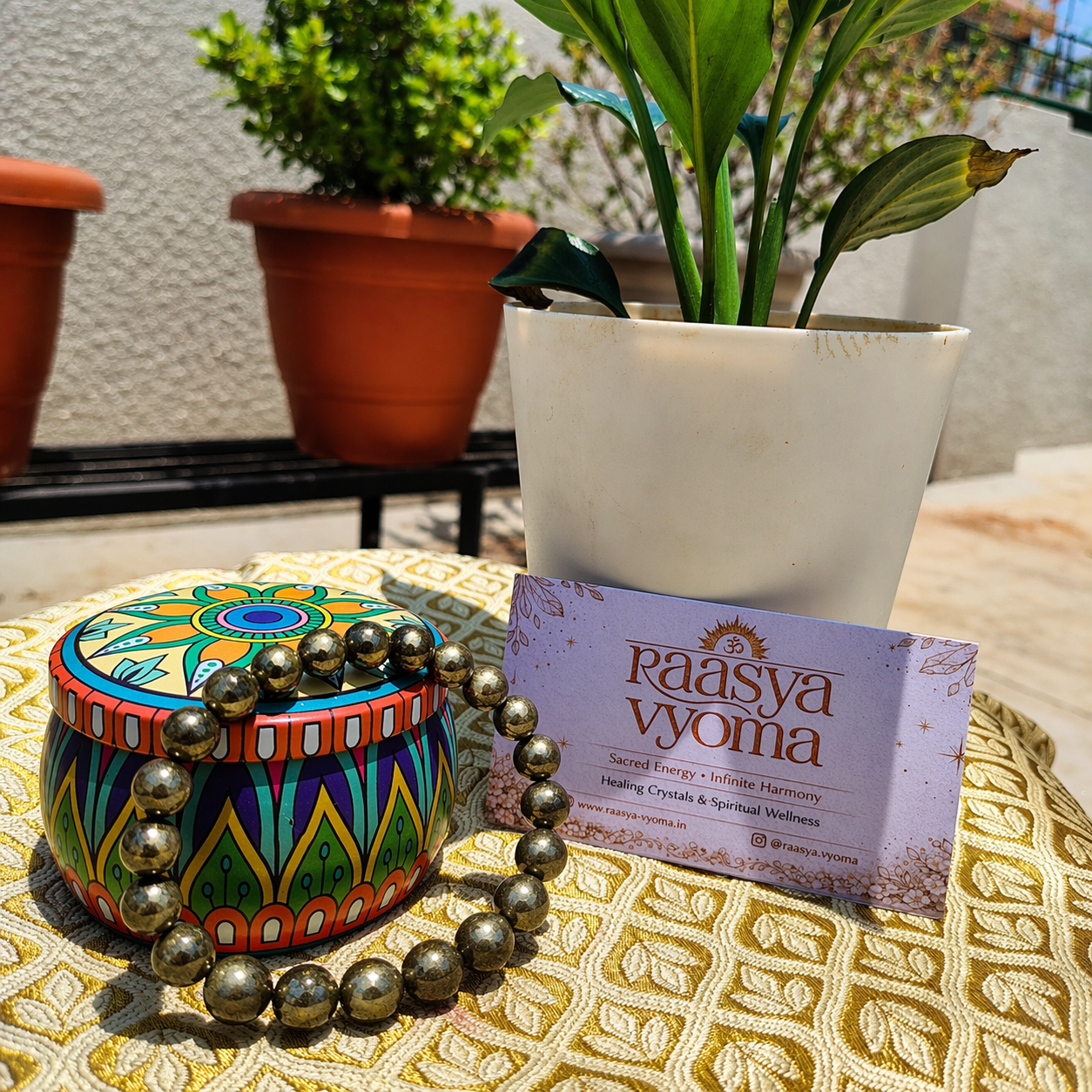 Pyrite bracelet and plants in the background