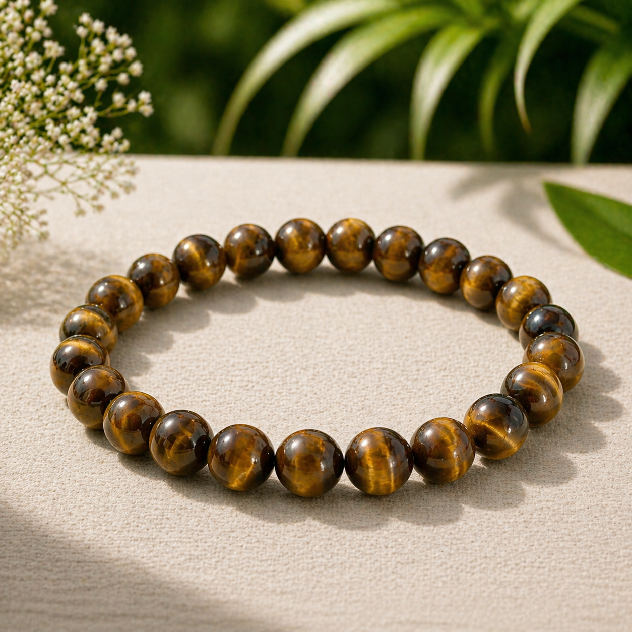 Tiger eye beaded bracelet with greenery in the background