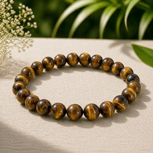 Tiger eye beaded bracelet with greenery in the background