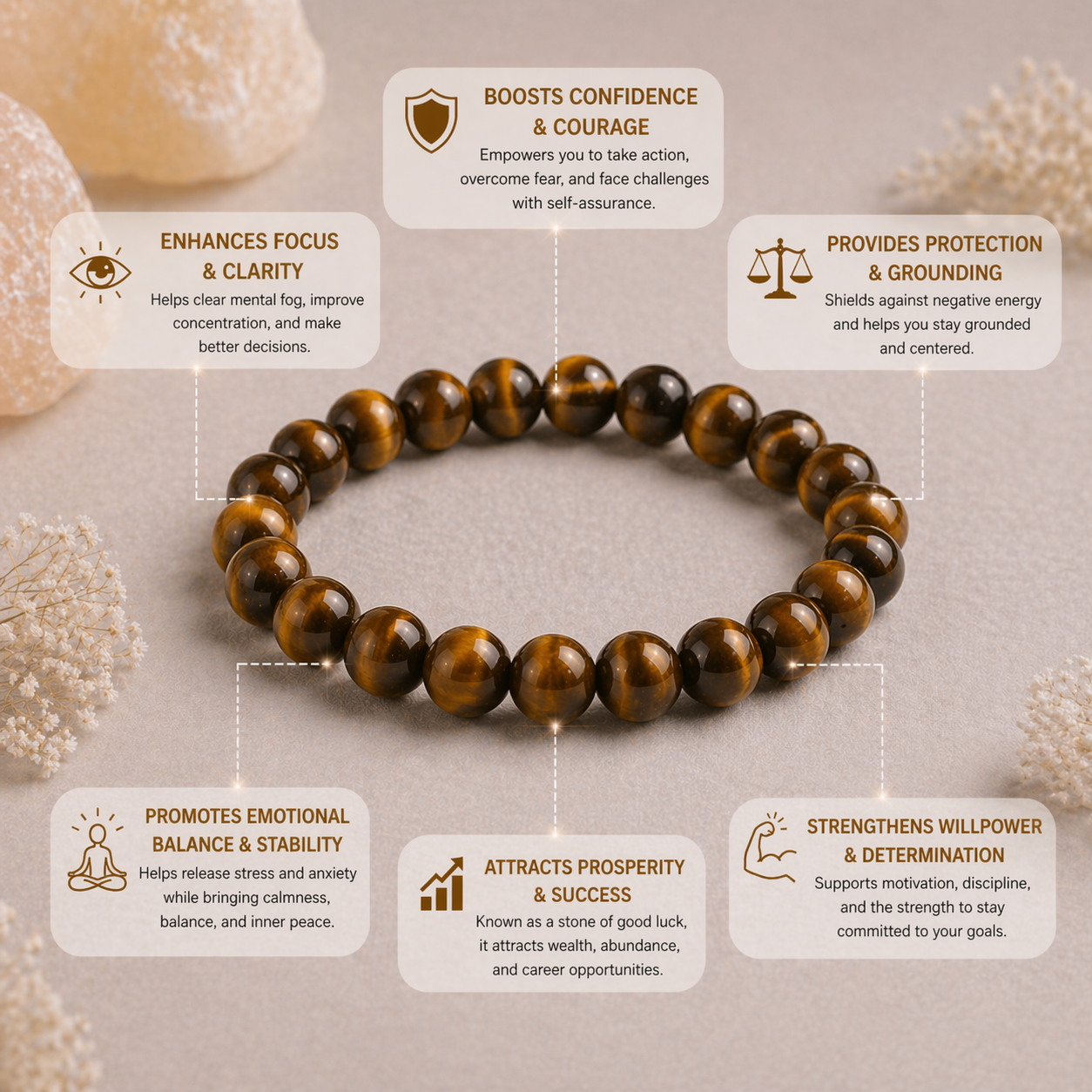 Tiger bracelet with wellness benefits text