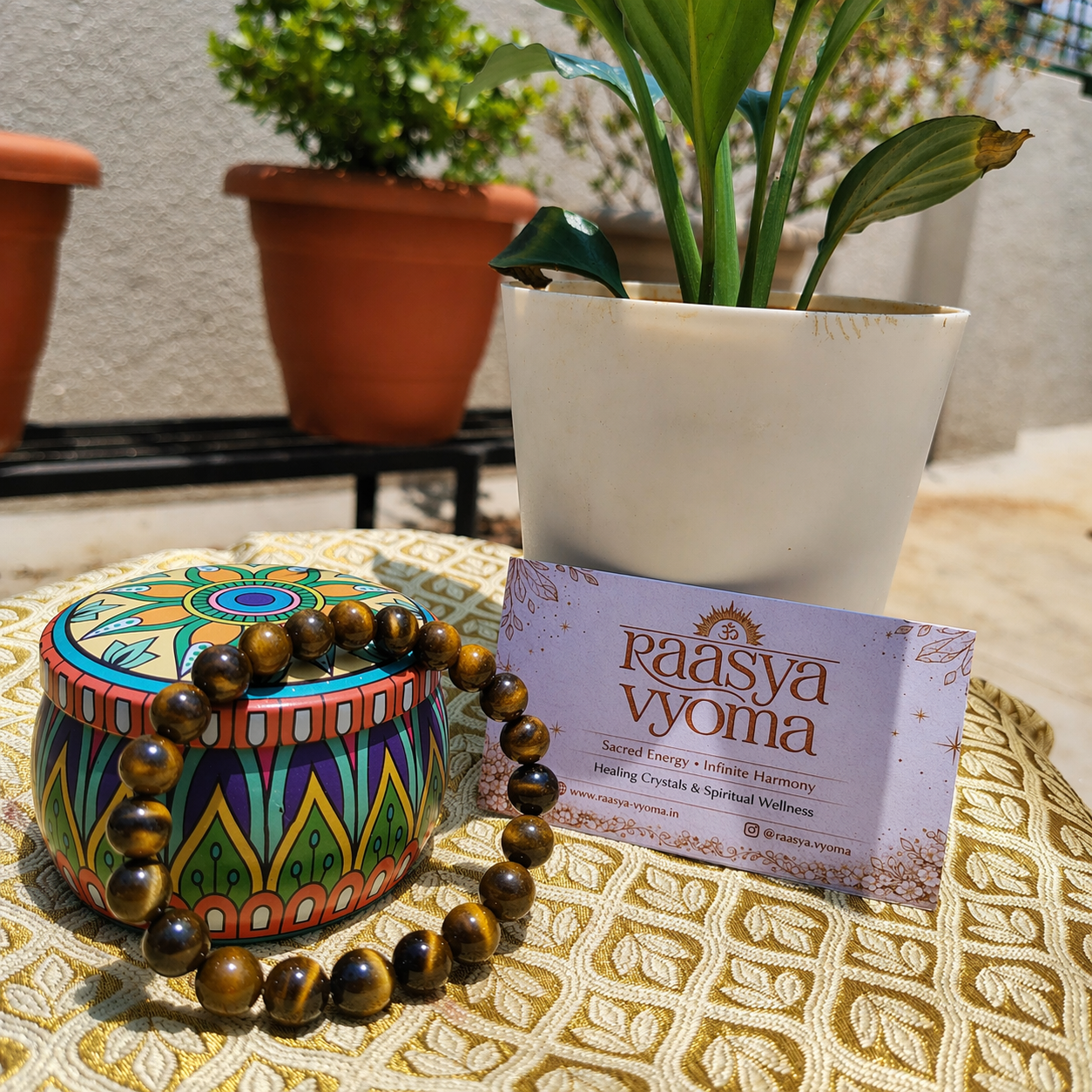 Decorative box with tiger bracelet and a card on a textured surface with plants in the background